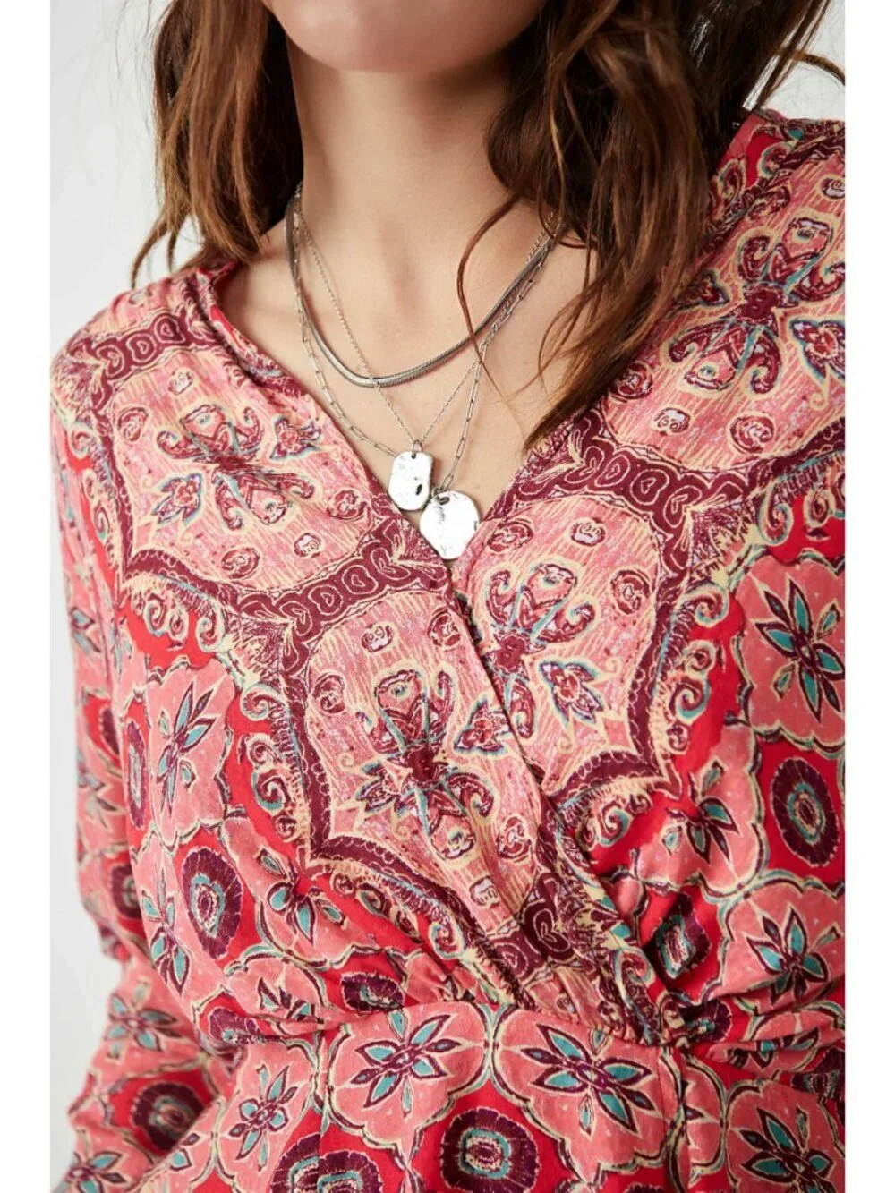 NEW Free People Falling For You Long Sleeve Surplice Top in Hibiscus Combo Sz. L
